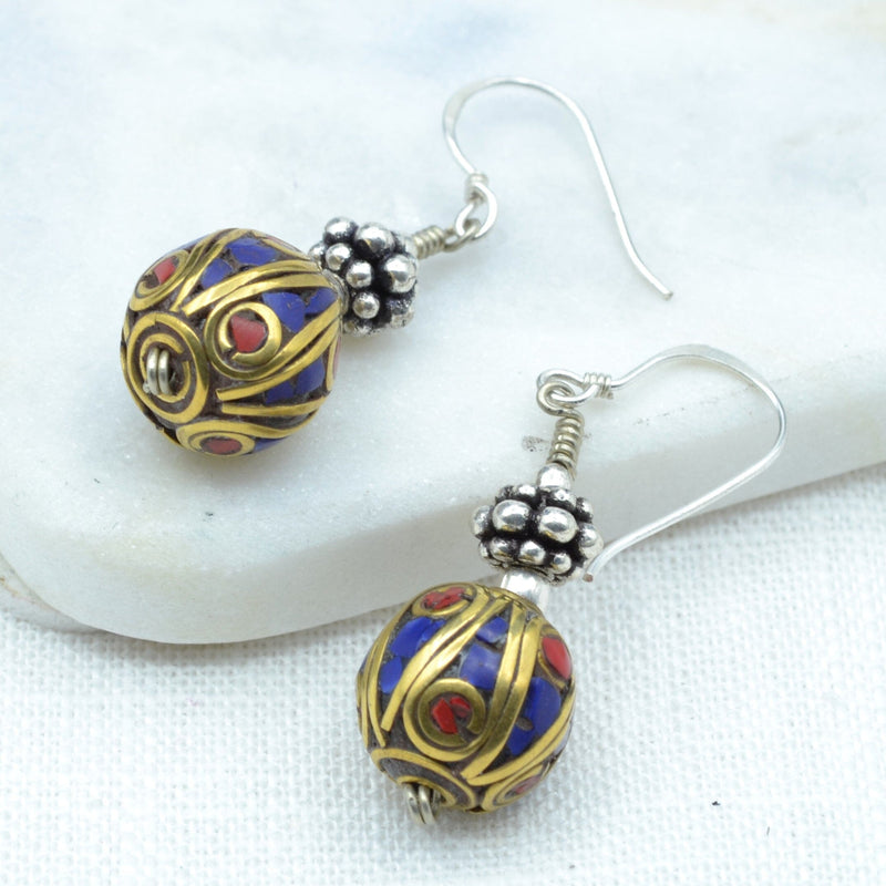 Lapis & Coral Round Earrings with Silver Bead Earrings Tibet Gift Corner