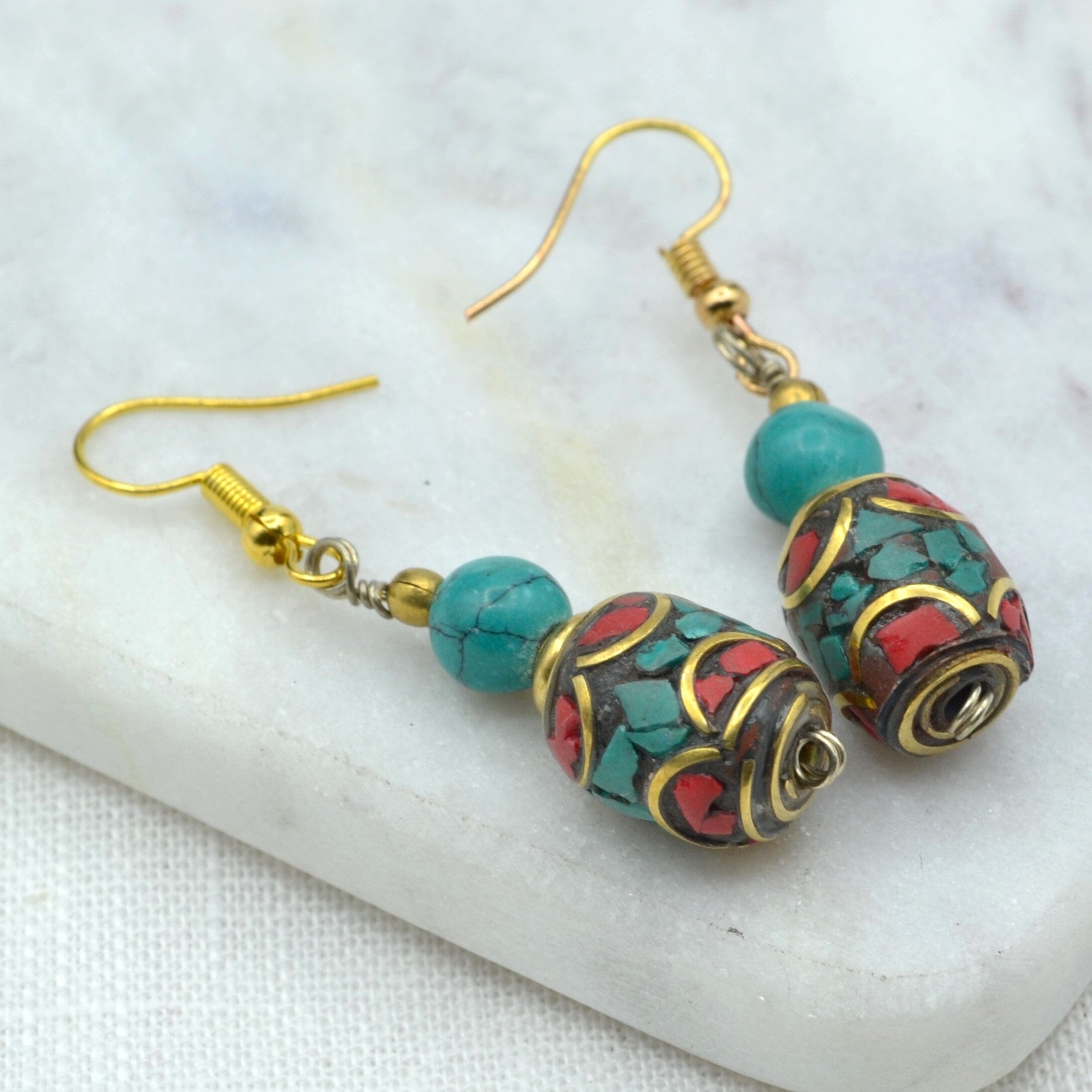 Turquoise & Coral Barrel Earrings with Turquoise Bead Earrings Tibet Gift Corner