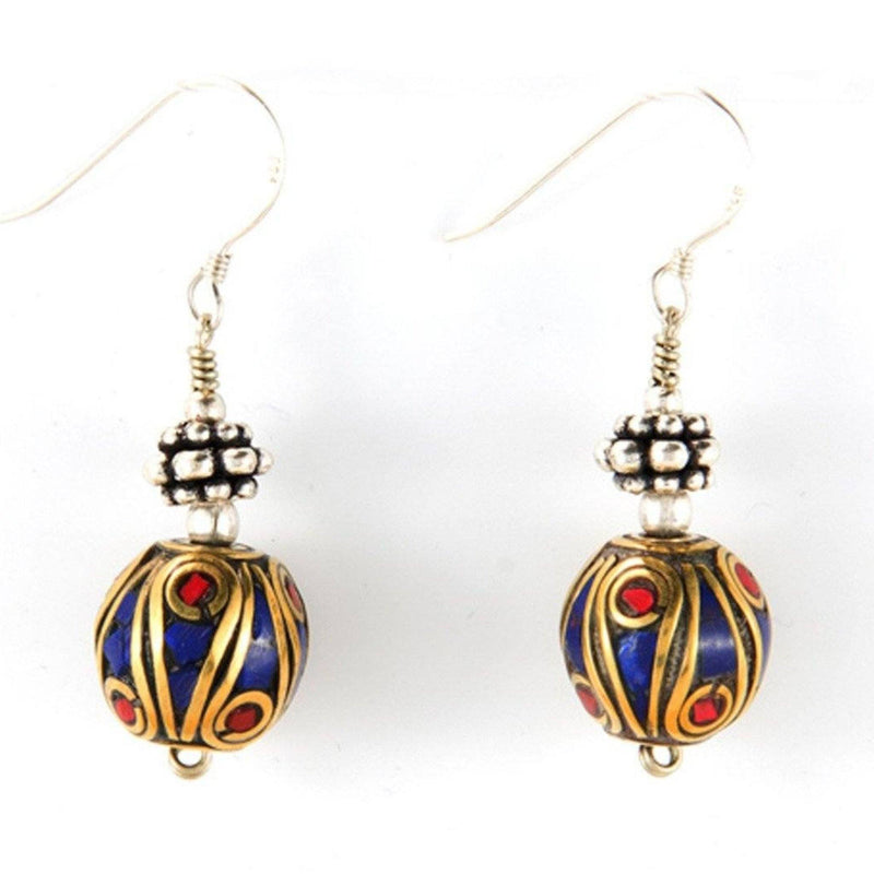 Round Inlay Lapis Silver Earrings Tibet Craft Corner