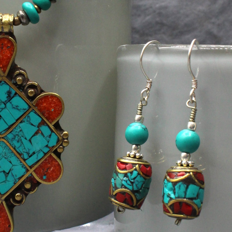 Turquoise & Coral Barrel Earrings with Turquoise Bead Earrings Tibet Gift Corner
