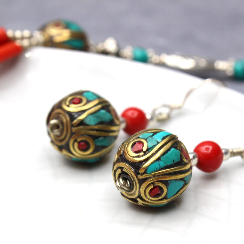 Turquoise & Coral Round Earrings with Coral Bead Earrings Tibet Gift Corner