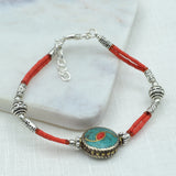 Tibetan Coral Bracelet with Round Flat Turquoise & Coral Bead
