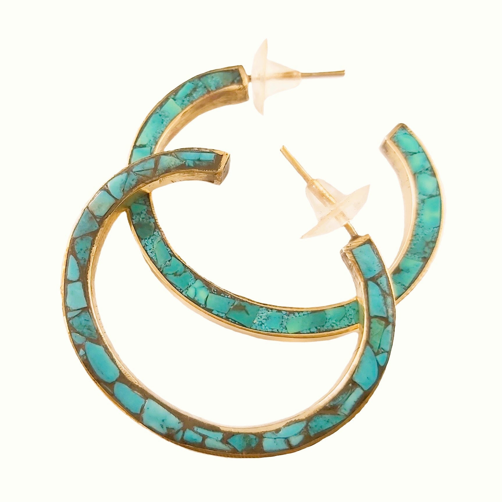 Bold Hoop Inlay Turquoise and Brass Earrings Earrings Tibet Gift Corner 