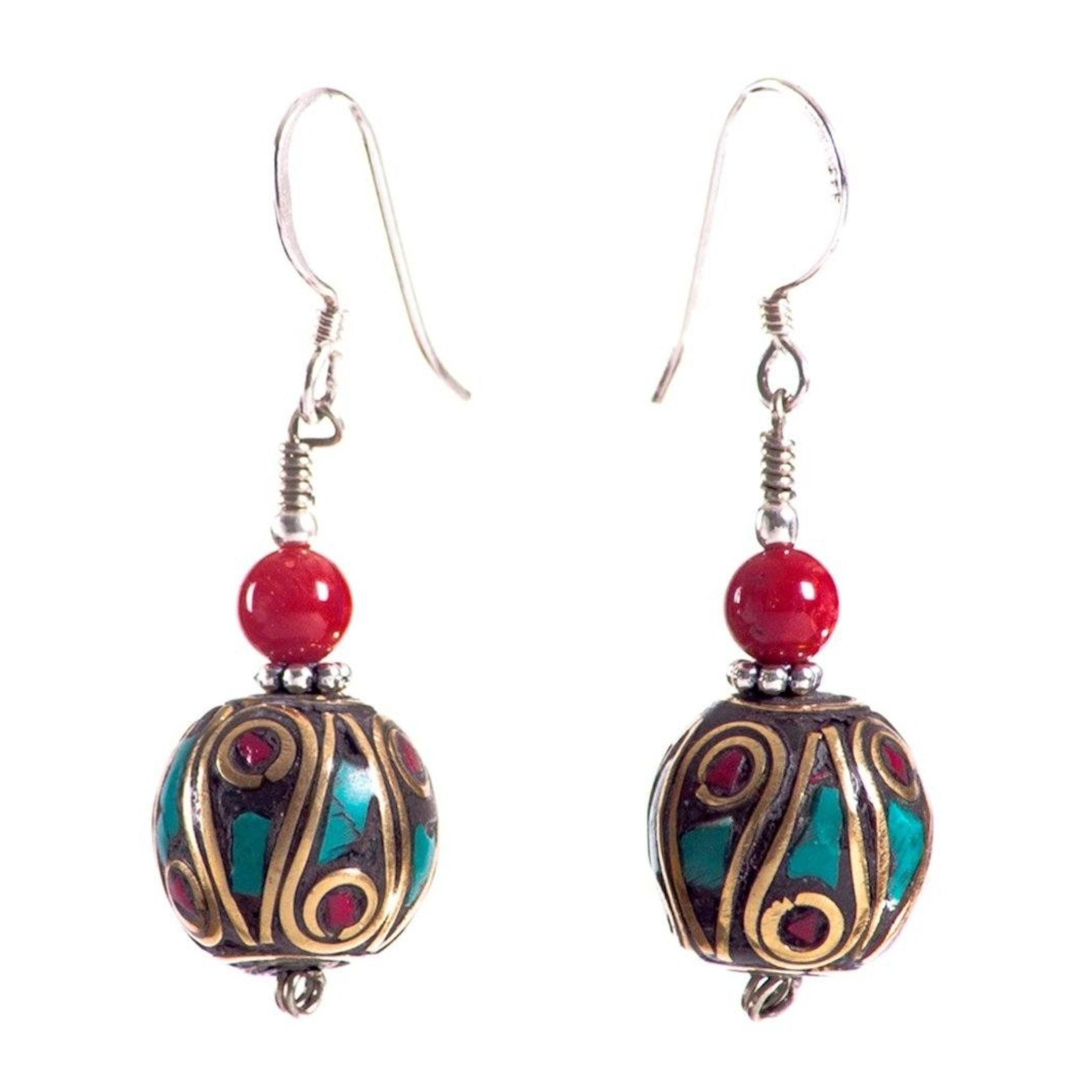 Round Inlay Turquoise Red Earrings Tibet Craft Corner 