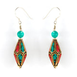 Turquoise and Coral Cones Earrings Tibet Craft Corner 