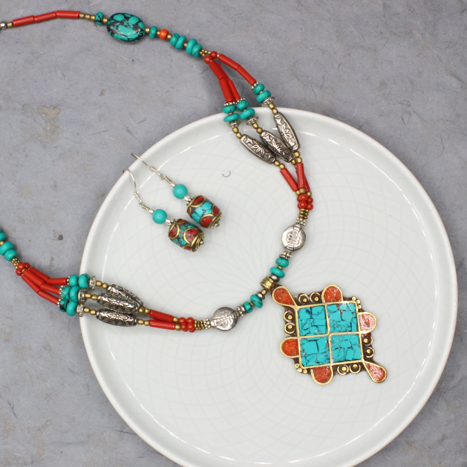 Turquoise & Coral Barrel Earrings with Turquoise Bead Earrings Tibet Gift Corner 