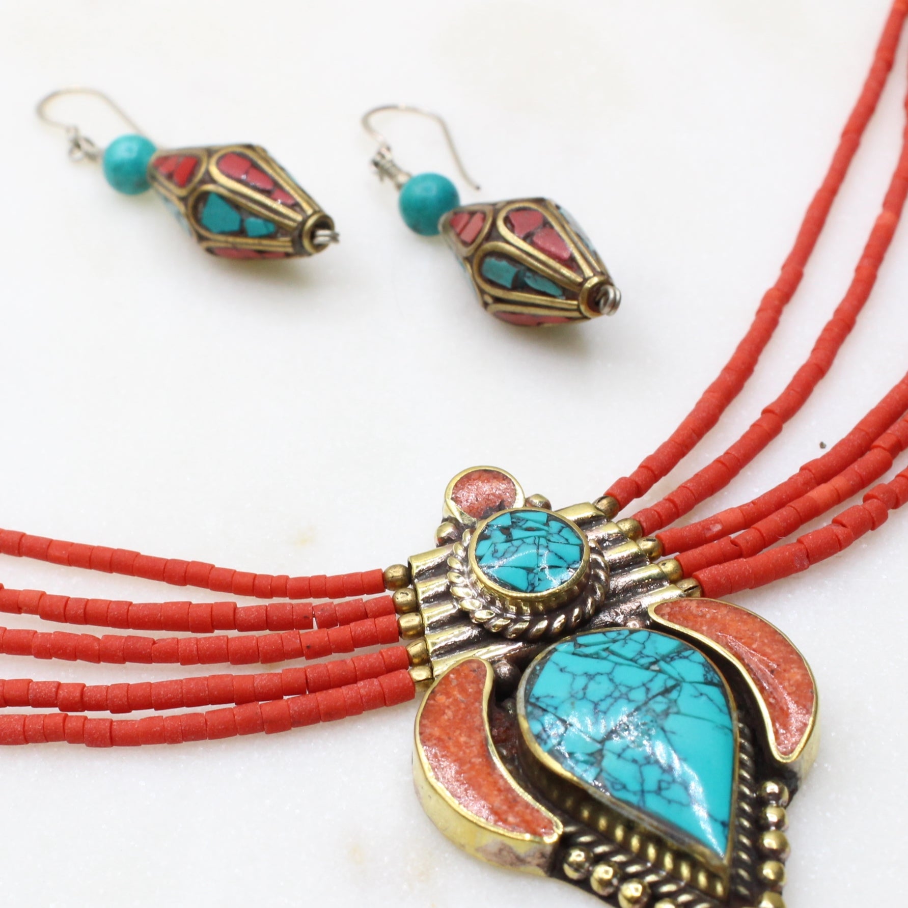 Turquoise & Coral Cone Tibetan Earrings Earrings Tibet Gift Corner 