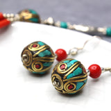 Turquoise & Coral Round Earrings with Coral Bead Earrings Tibet Gift Corner 